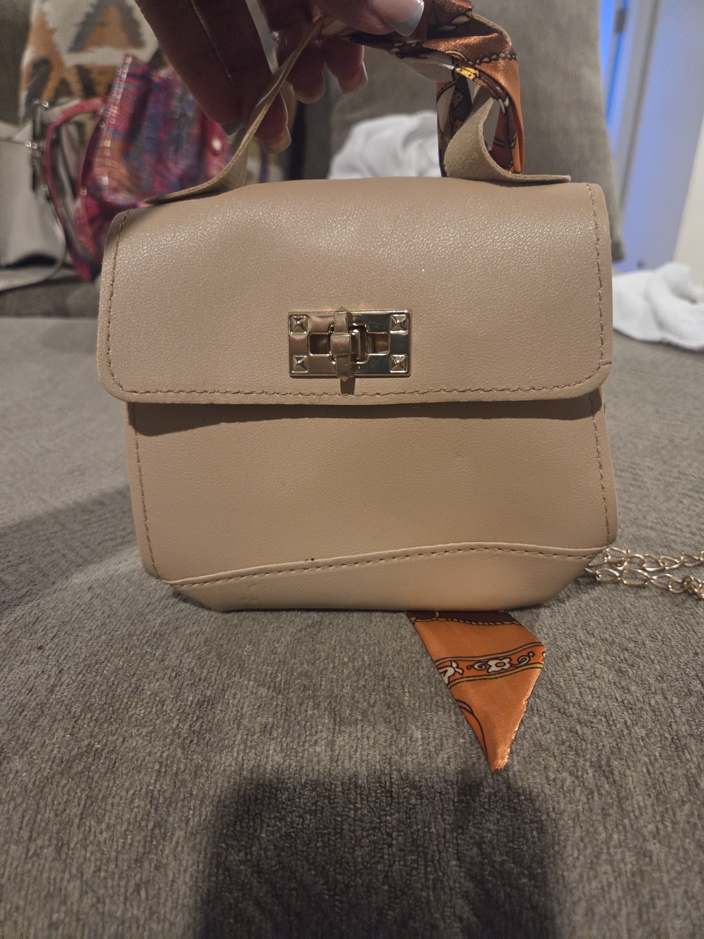 Neutral Beige Mini Top-Handle Crossbody with Gold Turn-Lock